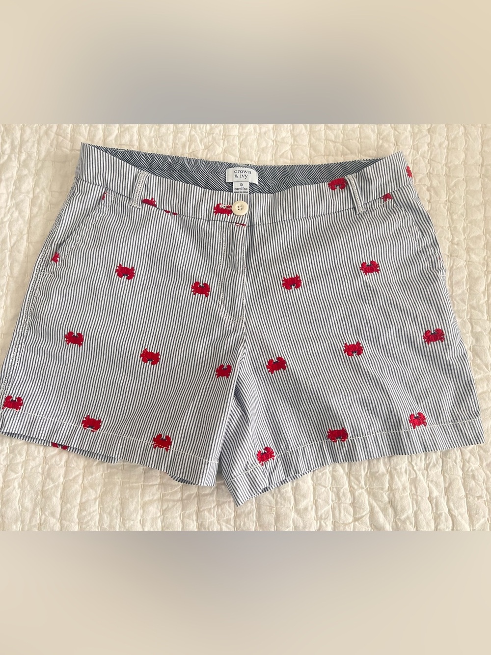 crown & ivy Navy and White Striped Shorts with Red Crab Motif